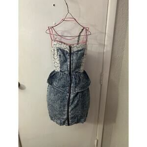 Mimi Chica Exposed  Zip Front Peplum Lace Denim Dress 80s/90s Retro S Coquette